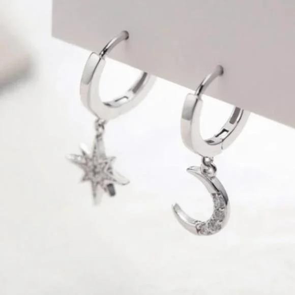 NEW 925 STERLING SILVER MOON STAR HOOPS, NICE EARRINGS, CUTE EARRINGS - Picture 5 of 7